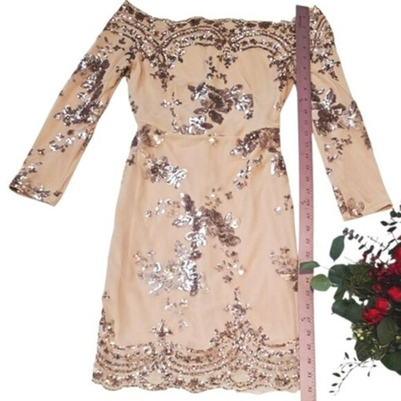 CBR Women's Mini Formal Dress Size Medium Nude Rose Gold Sequins Wedding Evening - Picture 9 of 14